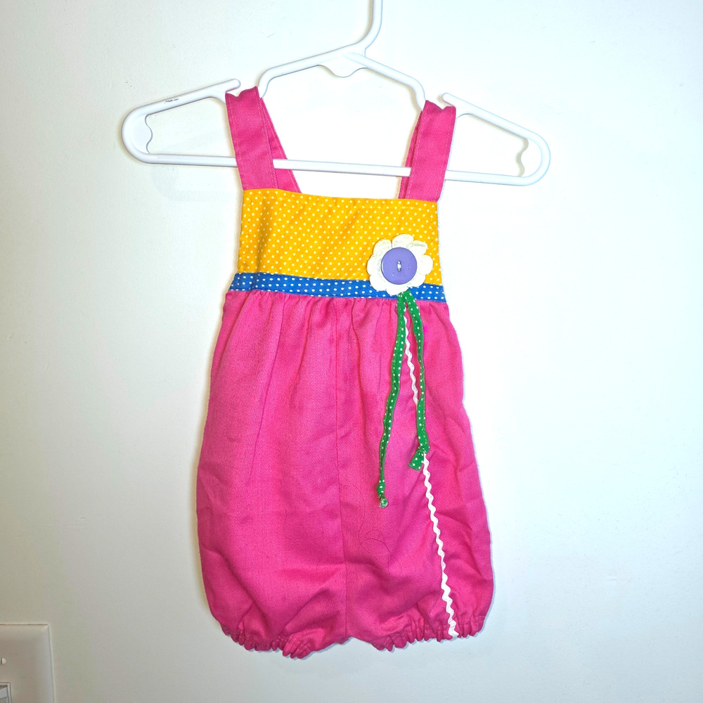 Vtg 80s 12 Mo Floral Applique Bubble Romper Girls Spring Baby Colorful Pink